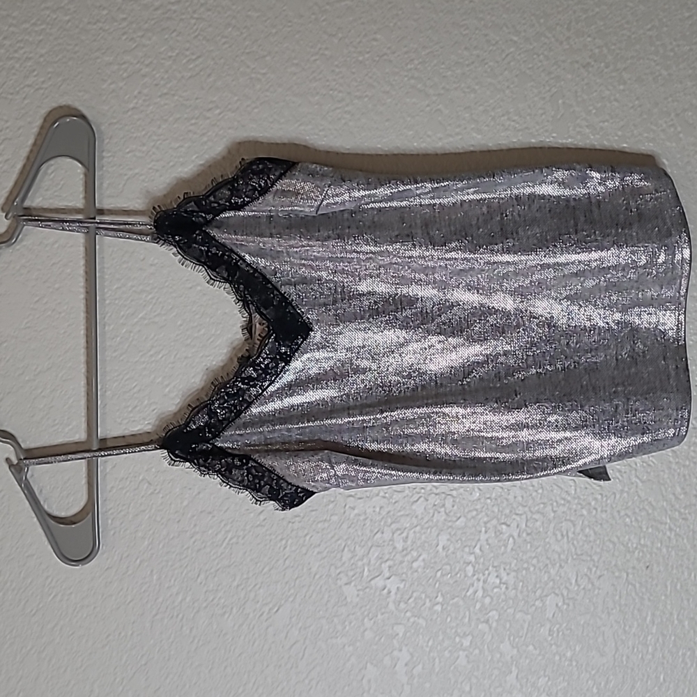 Skies are Blue XS adjustable strap silver black fringed lace top